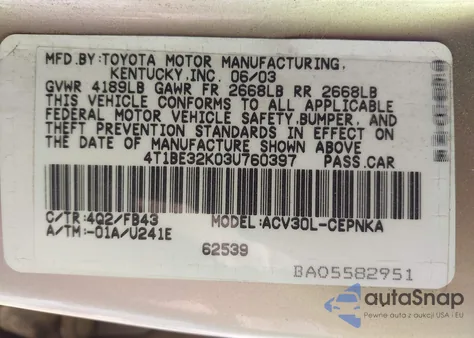 2003 Toyota Camry Le z USA, uszkodzony, nr VIN 4T1BE32K03U760397